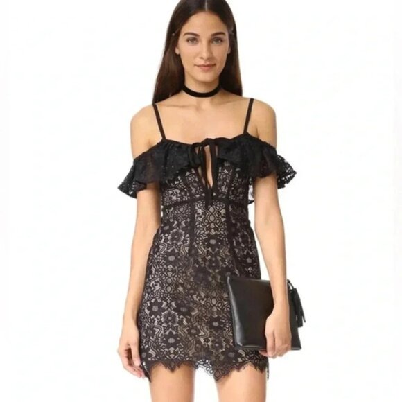 Free People For Love & Lemons Rosemary Mini Dress Lace Halter Off Shoulder Black - Picture 3 of 14